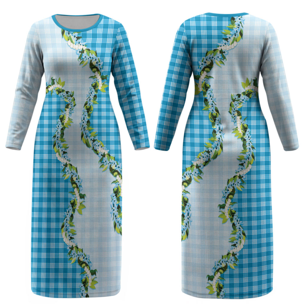 Blue Hawaii Palaka Couples Matching Long Sleeve Bodycon Dress and Hawaiian Shirt Maile Pikake Honohono Orchid Lei LT05 - Polynesian Pride