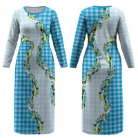 Blue Hawaii Palaka Couples Matching Long Sleeve Bodycon Dress and Hawaiian Shirt Maile Pikake Honohono Orchid Lei LT05 - Polynesian Pride