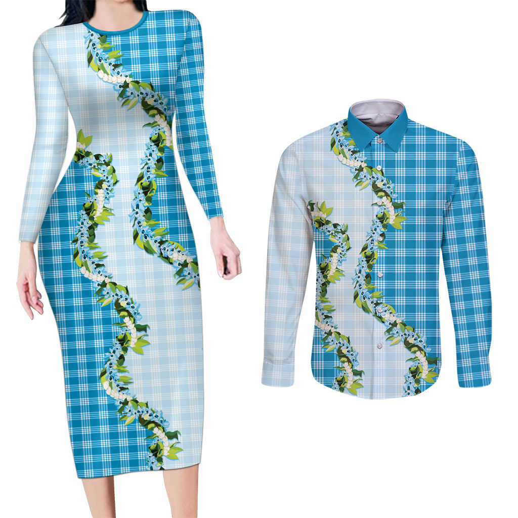 Blue Hawaii Palaka Couples Matching Long Sleeve Bodycon Dress and Long Sleeve Button Shirt Maile Pikake Honohono Orchid Lei LT05 Blue - Polynesian Pride