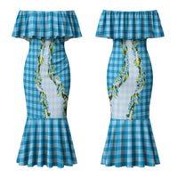 Blue Hawaii Palaka Couples Matching Mermaid Dress and Long Sleeve Button Shirt Maile Pikake Honohono Orchid Lei LT05 - Polynesian Pride