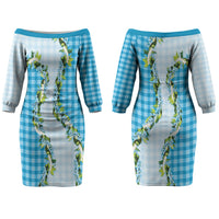 Blue Hawaii Palaka Couples Matching Off The Shoulder Long Sleeve Dress and Hawaiian Shirt Maile Pikake Honohono Orchid Lei LT05 - Polynesian Pride
