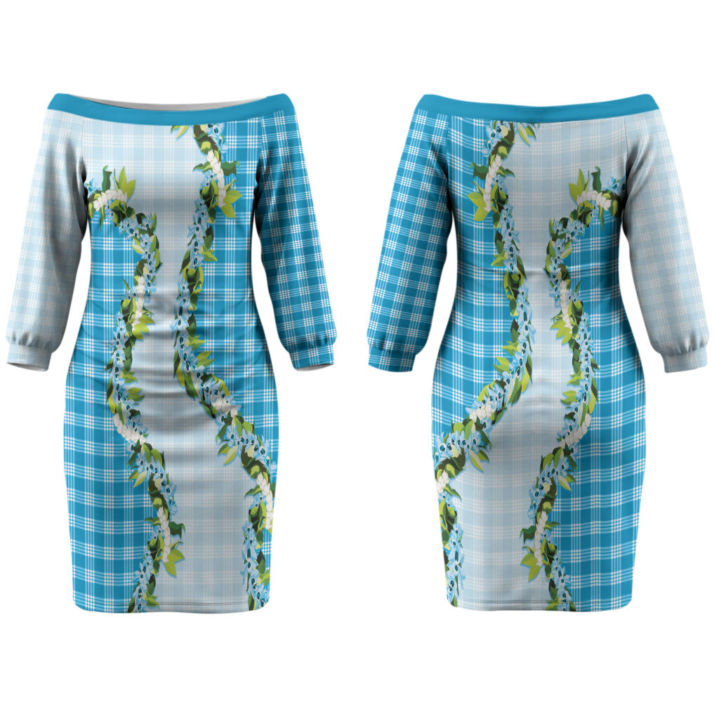 Blue Hawaii Palaka Couples Matching Off The Shoulder Long Sleeve Dress and Long Sleeve Button Shirt Maile Pikake Honohono Orchid Lei LT05 - Polynesian Pride