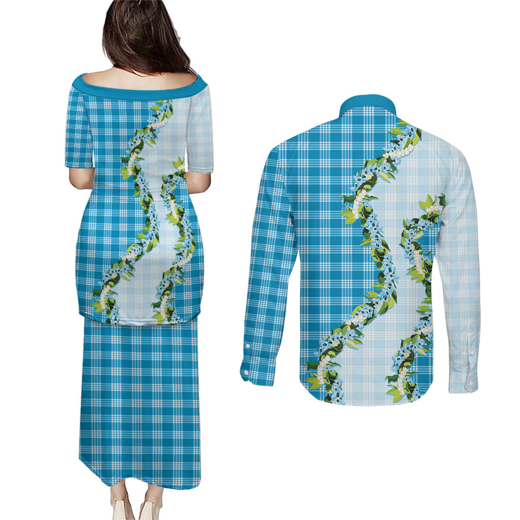 Blue Hawaii Palaka Couples Matching Puletasi and Long Sleeve Button Shirt Maile Pikake Honohono Orchid Lei