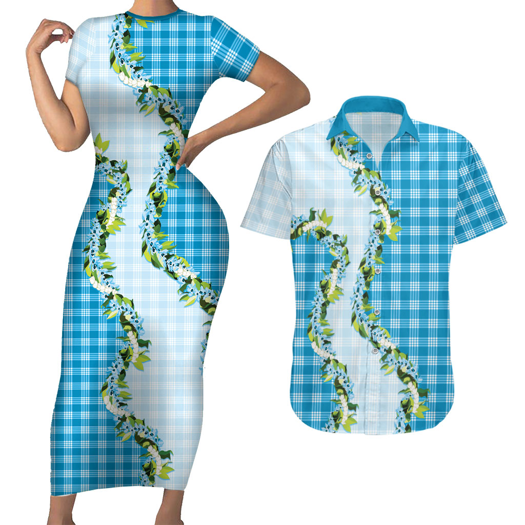 Blue Hawaii Palaka Couples Matching Short Sleeve Bodycon Dress and Hawaiian Shirt Maile Pikake Honohono Orchid Lei LT05 Blue - Polynesian Pride