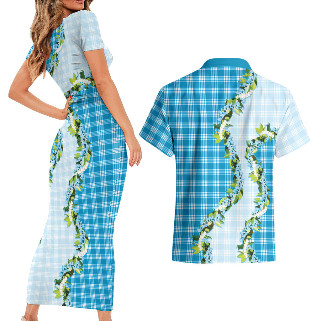 Blue Hawaii Palaka Couples Matching Short Sleeve Bodycon Dress and Hawaiian Shirt Maile Pikake Honohono Orchid Lei LT05 - Polynesian Pride