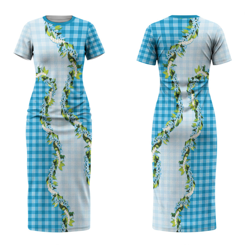 Blue Hawaii Palaka Couples Matching Short Sleeve Bodycon Dress and Hawaiian Shirt Maile Pikake Honohono Orchid Lei LT05 - Polynesian Pride