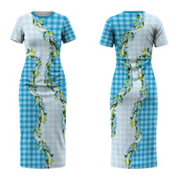 Blue Hawaii Palaka Couples Matching Short Sleeve Bodycon Dress and Hawaiian Shirt Maile Pikake Honohono Orchid Lei LT05 - Polynesian Pride