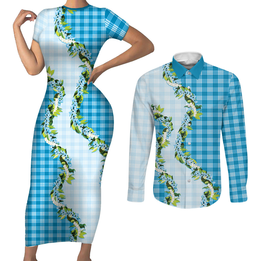 Blue Hawaii Palaka Couples Matching Short Sleeve Bodycon Dress and Long Sleeve Button Shirt Maile Pikake Honohono Orchid Lei