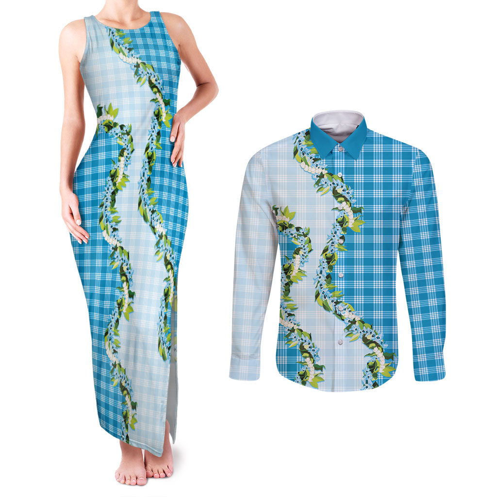 Blue Hawaii Palaka Couples Matching Tank Maxi Dress and Long Sleeve Button Shirt Maile Pikake Honohono Orchid Lei LT05 Blue - Polynesian Pride