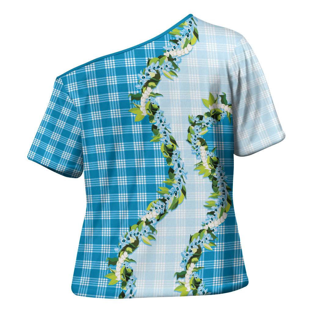 Blue Hawaii Palaka Cross Shoulder Shirt Maile Pikake Honohono Orchid Lei