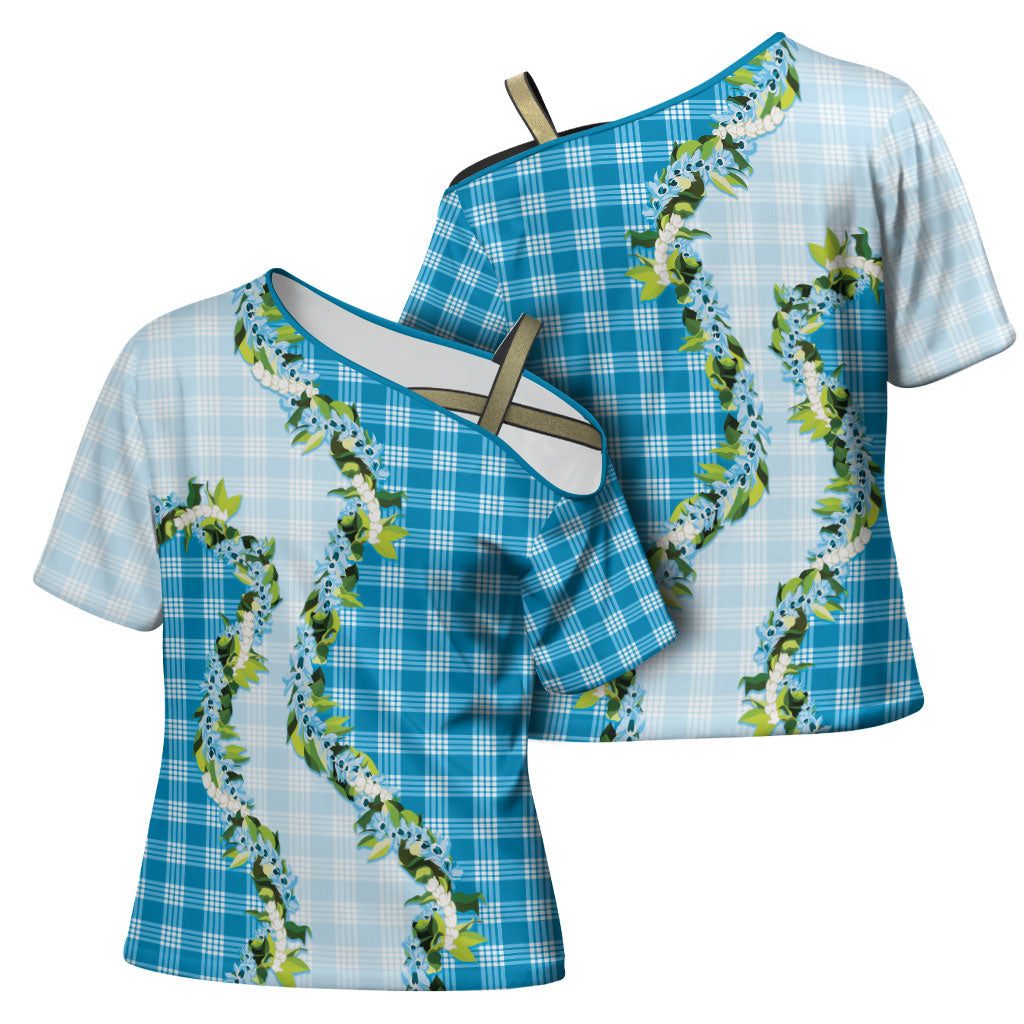 Blue Hawaii Palaka Cross Shoulder Shirt Maile Pikake Honohono Orchid Lei