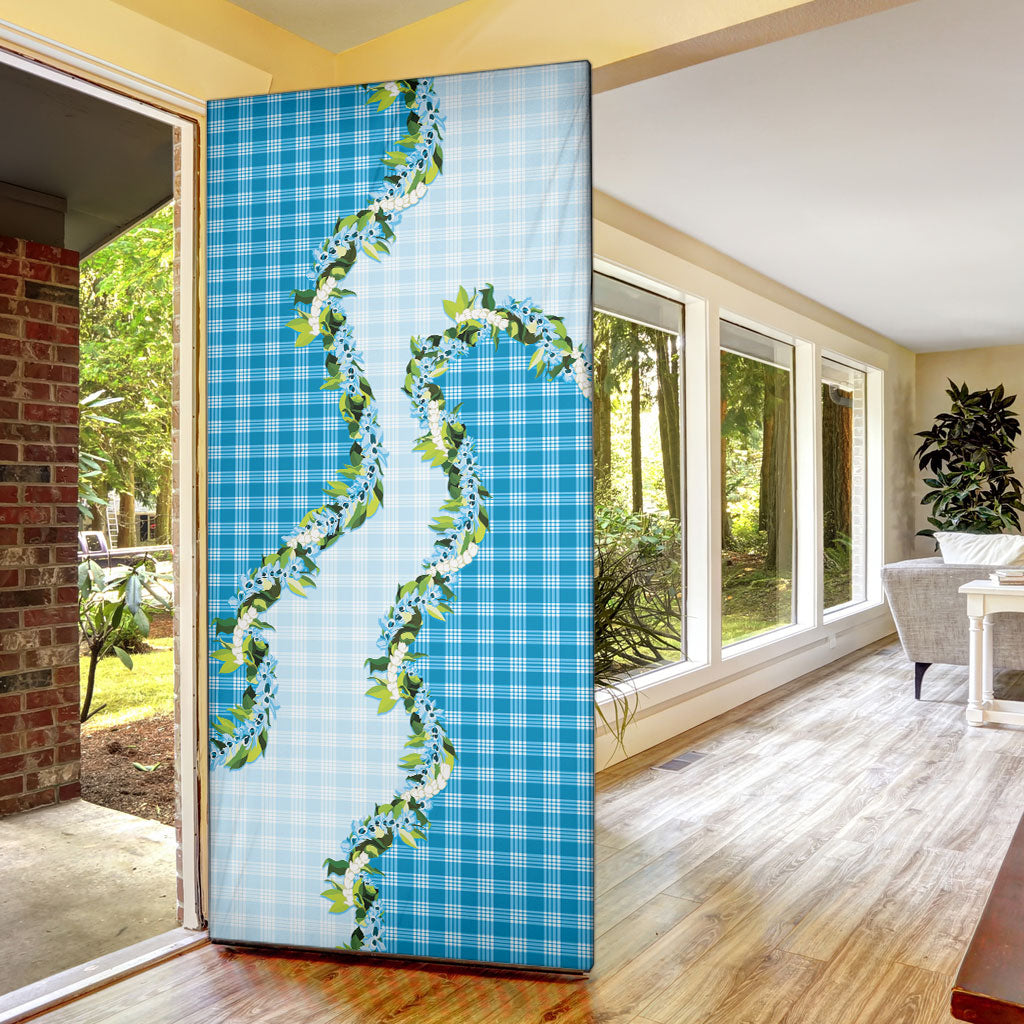 Blue Hawaii Palaka Door Cover Maile Pikake Honohono Orchid Lei
