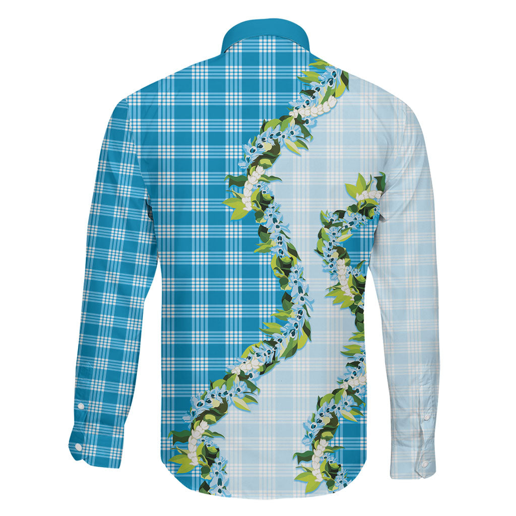 Blue Hawaii Palaka Family Matching Long Sleeve Bodycon Dress and Hawaiian Shirt Maile Pikake Honohono Orchid Lei LT05 - Polynesian Pride