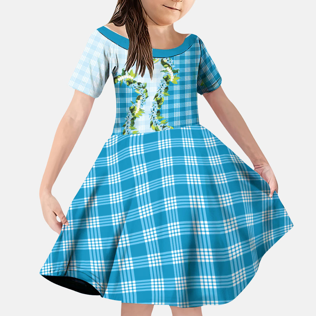 Blue Hawaii Palaka Family Matching Off Shoulder Short Dress and Hawaiian Shirt Maile Pikake Honohono Orchid Lei LT05 Daughter's Dress Blue - Polynesian Pride