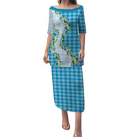 Blue Hawaii Palaka Family Matching Puletasi and Hawaiian Shirt Maile Pikake Honohono Orchid Lei LT05 Mom's Dress Blue - Polynesian Pride