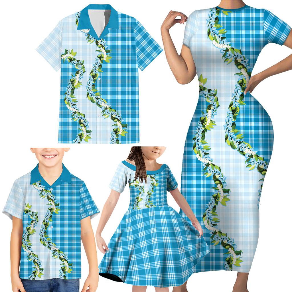 Blue Hawaii Palaka Family Matching Short Sleeve Bodycon Dress and Hawaiian Shirt Maile Pikake Honohono Orchid Lei LT05 - Polynesian Pride