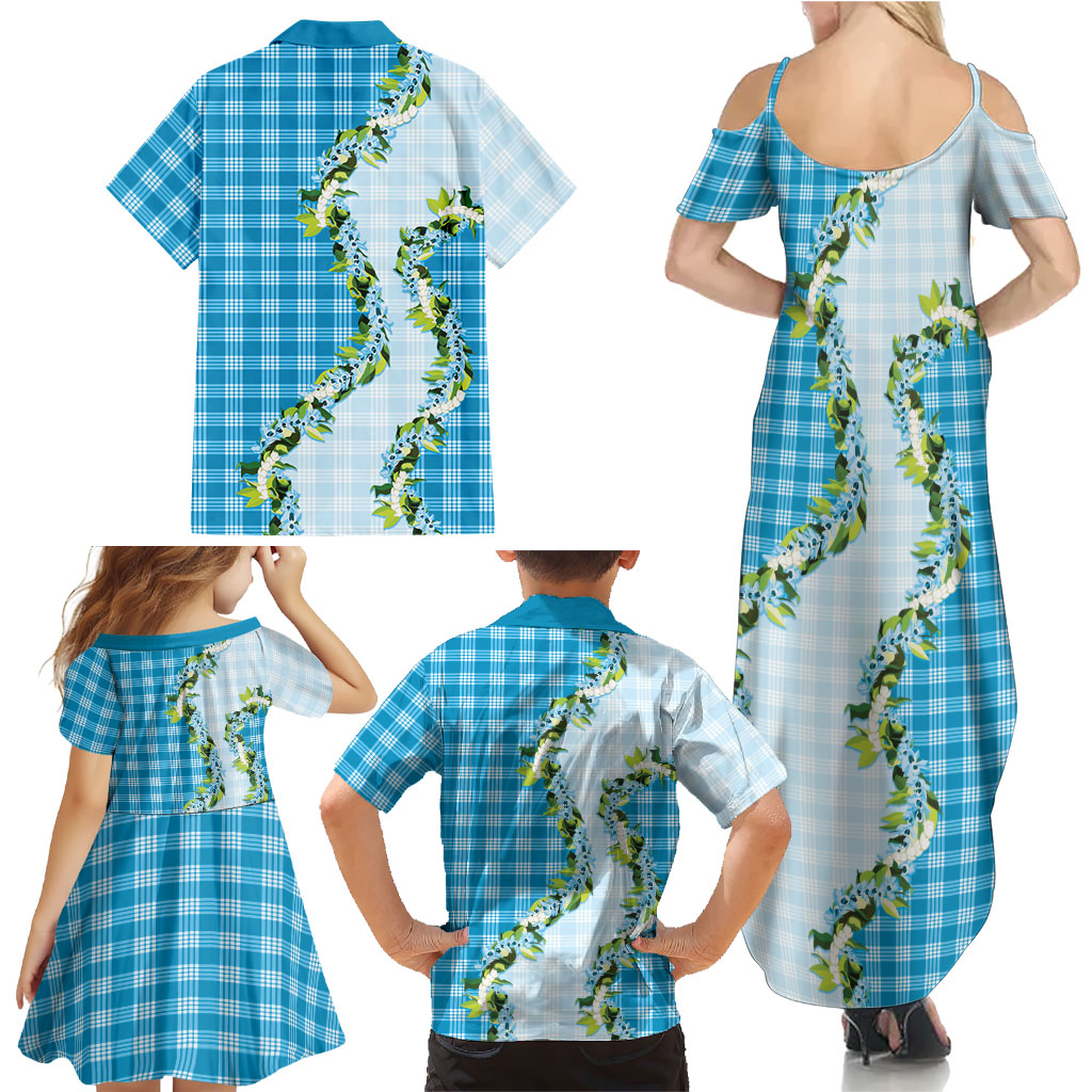 Blue Hawaii Palaka Family Matching Summer Maxi Dress and Hawaiian Shirt Maile Pikake Honohono Orchid Lei LT05 - Polynesian Pride