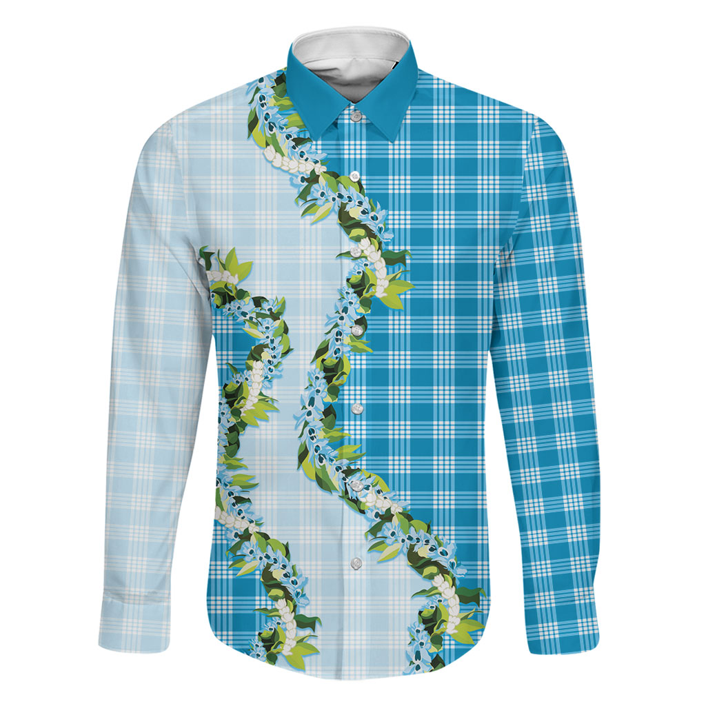 Blue Hawaii Palaka Family Matching Summer Maxi Dress and Hawaiian Shirt Maile Pikake Honohono Orchid Lei LT05 Dad's Shirt - Long Sleeve Blue - Polynesian Pride