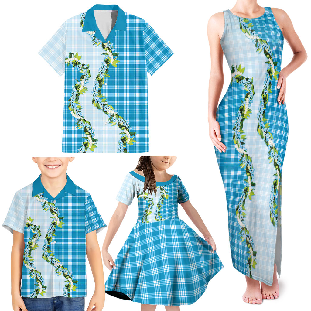 Blue Hawaii Palaka Family Matching Tank Maxi Dress and Hawaiian Shirt Maile Pikake Honohono Orchid Lei LT05 - Polynesian Pride