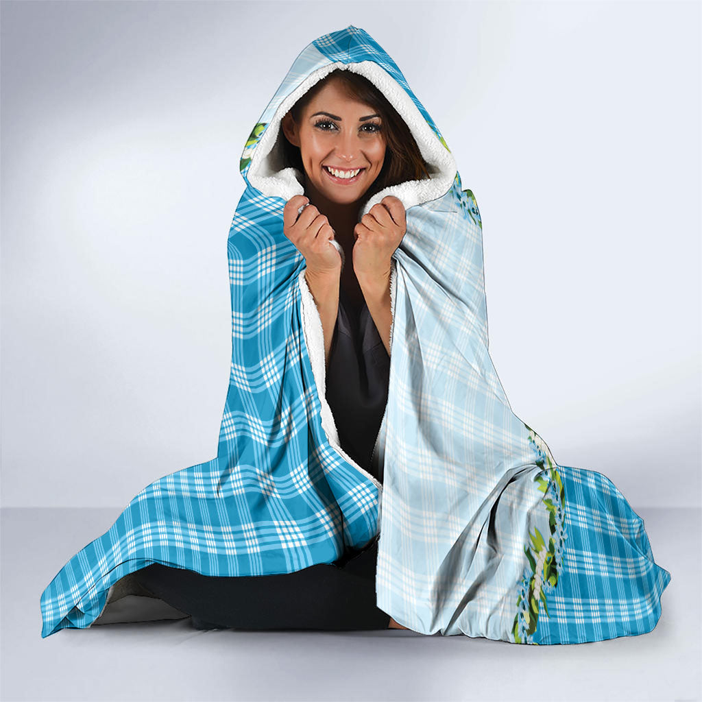 Blue Hawaii Palaka Hooded Blanket Maile Pikake Honohono Orchid Lei