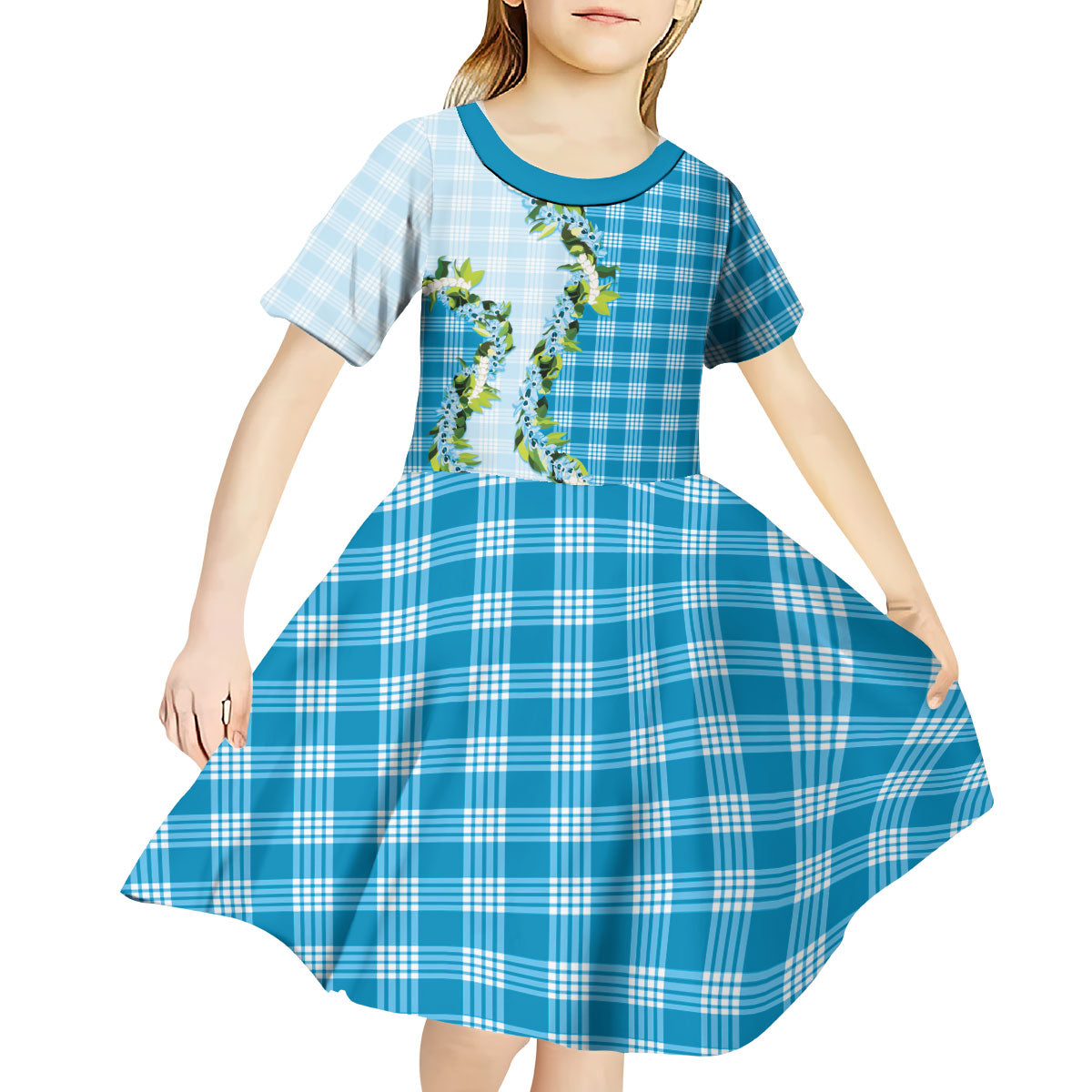 Blue Hawaii Palaka Kid Short Sleeve Dress Maile Pikake Honohono Orchid Lei