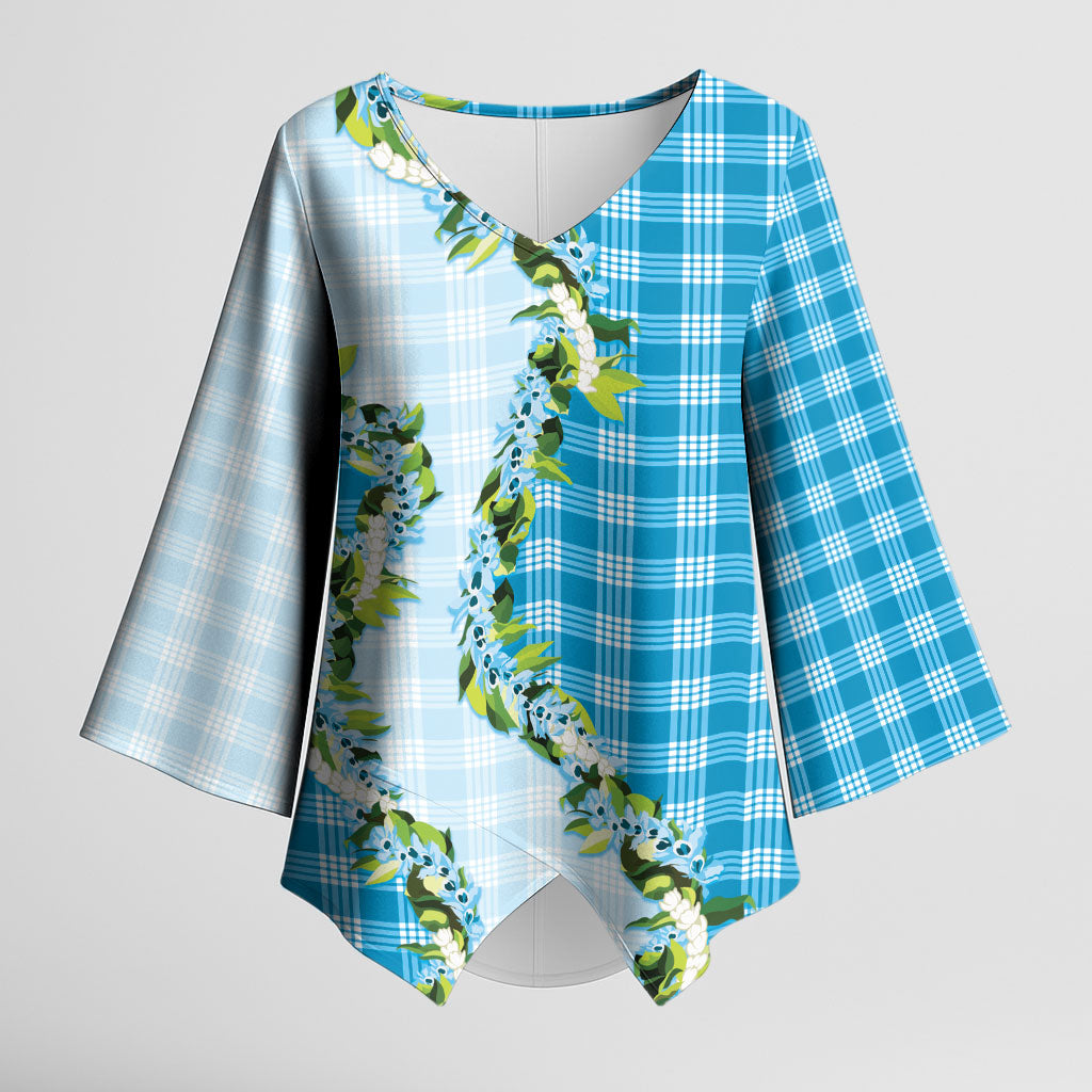 Blue Hawaii Palaka Kimono Sleeve Blouse Maile Pikake Honohono Orchid Lei