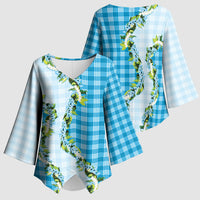 Blue Hawaii Palaka Kimono Sleeve Blouse Maile Pikake Honohono Orchid Lei