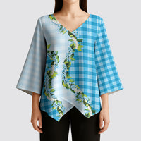 Blue Hawaii Palaka Kimono Sleeve Blouse Maile Pikake Honohono Orchid Lei