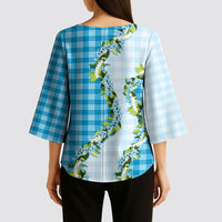 Blue Hawaii Palaka Kimono Sleeve Blouse Maile Pikake Honohono Orchid Lei