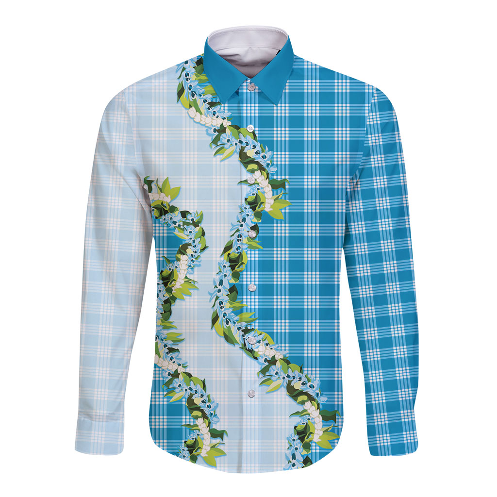 Blue Hawaii Palaka Long Sleeve Button Shirt Maile Pikake Honohono Orchid Lei