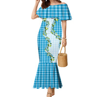 Blue Hawaii Palaka Mermaid Dress Maile Pikake Honohono Orchid Lei