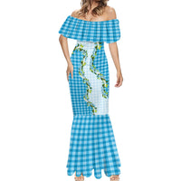 Blue Hawaii Palaka Mermaid Dress Maile Pikake Honohono Orchid Lei