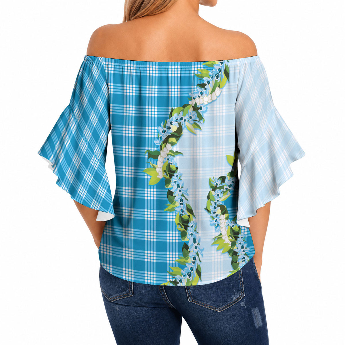 Blue Hawaii Palaka Off Shoulder Wrap Waist Top Maile Pikake Honohono Orchid Lei LT05 - Polynesian Pride