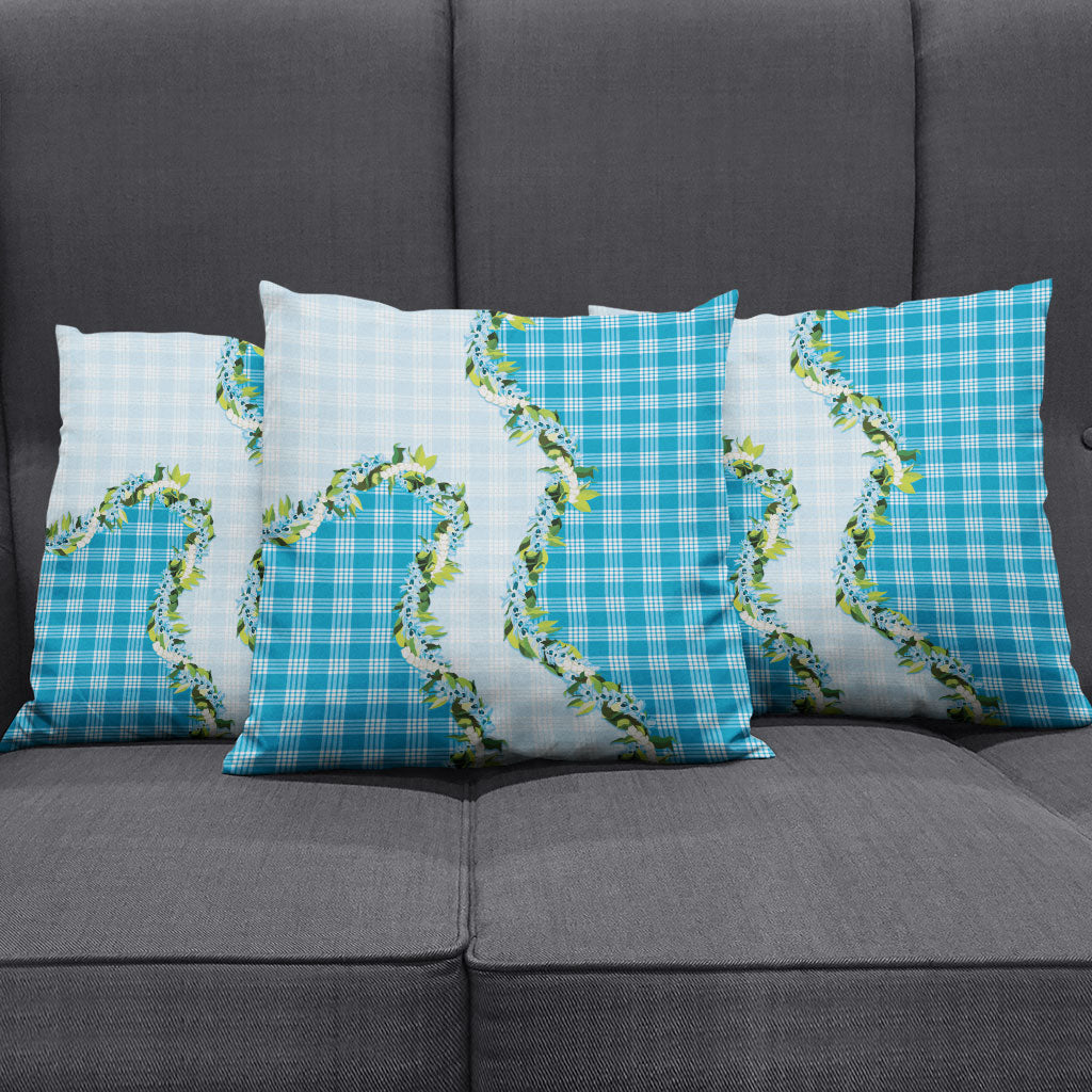 Blue Hawaii Palaka Pillow Cover Maile Pikake Honohono Orchid Lei