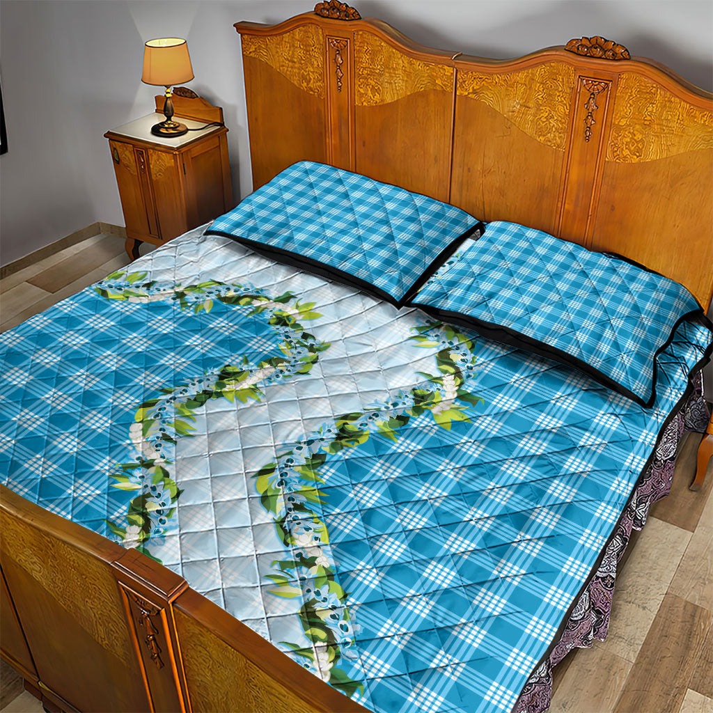 Blue Hawaii Palaka Quilt Bed Set Maile Pikake Honohono Orchid Lei