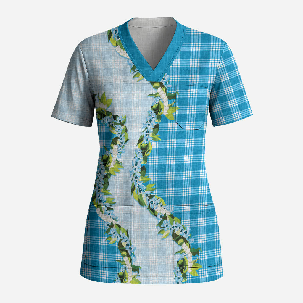 Blue Hawaii Palaka Scrub Top Maile Pikake Honohono Orchid Lei
