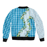 Blue Hawaii Palaka Sleeve Zip Bomber Jacket Maile Pikake Honohono Orchid Lei