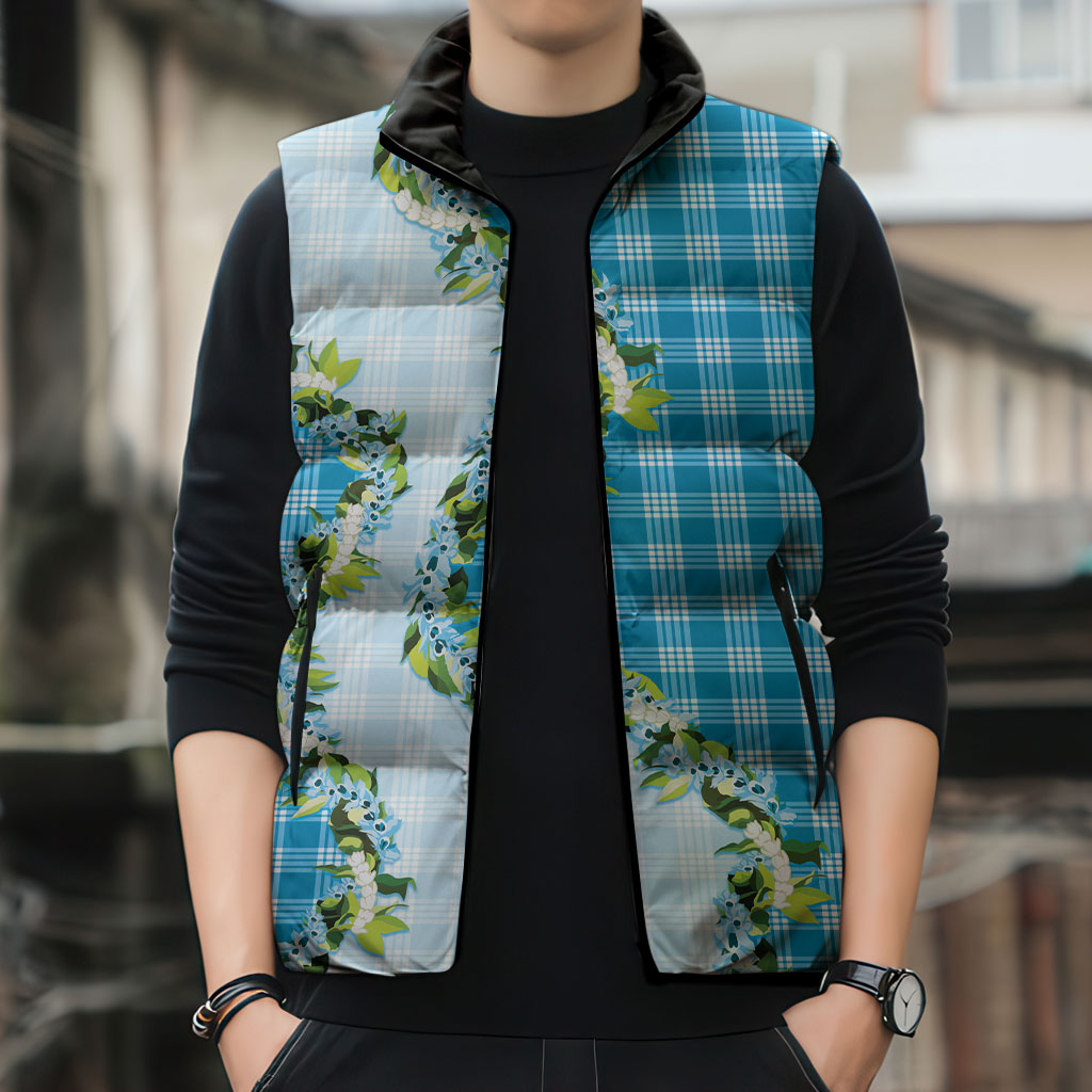 Blue Hawaii Palaka Sleeveless Puffer Jacket Maile Pikake Honohono Orchid Lei