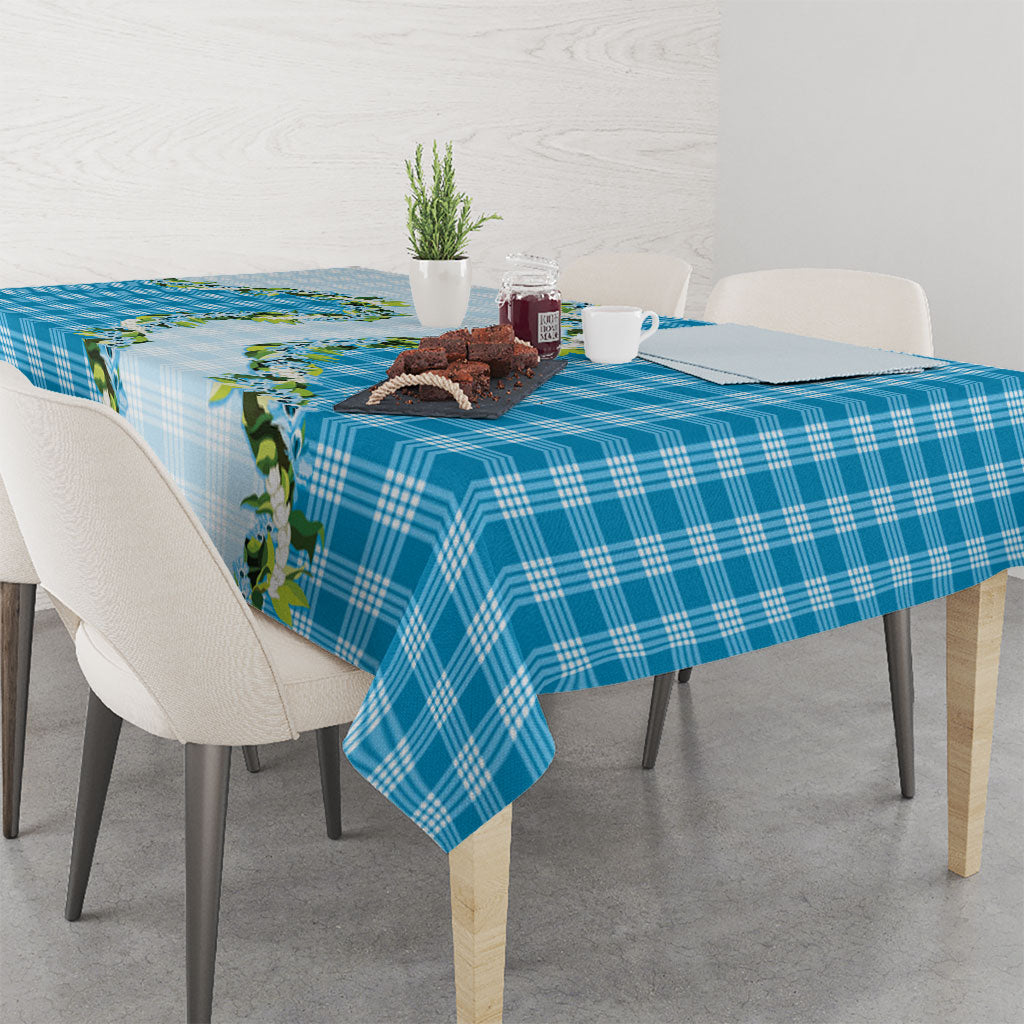 Blue Hawaii Palaka Tablecloth Maile Pikake Honohono Orchid Lei