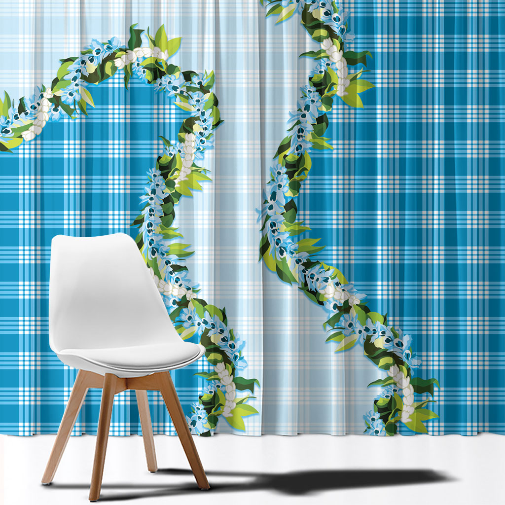 Blue Hawaii Palaka Window Curtain Maile Pikake Honohono Orchid Lei