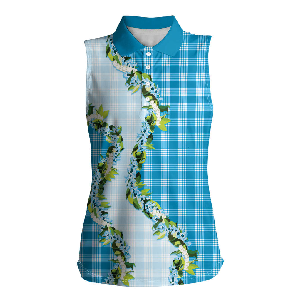 Blue Hawaii Palaka Women Sleeveless Polo Shirt Maile Pikake Honohono Orchid Lei LT05 Female Blue - Polynesian Pride