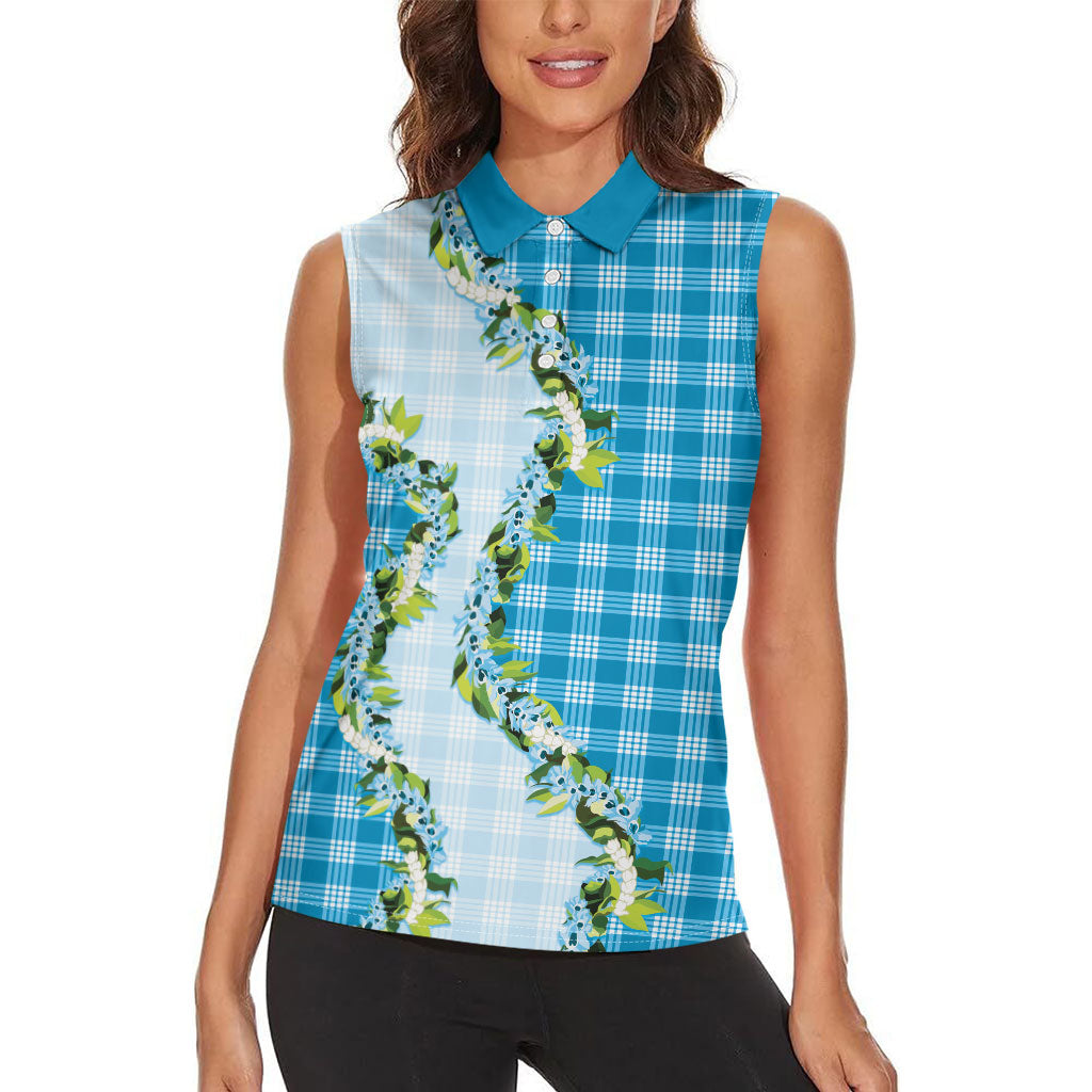 Blue Hawaii Palaka Women Sleeveless Polo Shirt Maile Pikake Honohono Orchid Lei LT05 - Polynesian Pride
