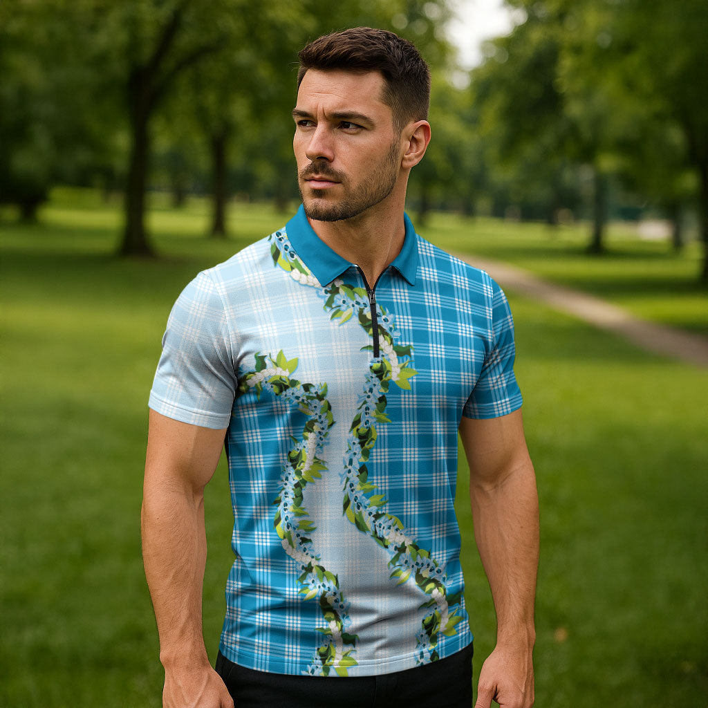 Blue Hawaii Palaka Zipper Polo Shirt Maile Pikake Honohono Orchid Lei