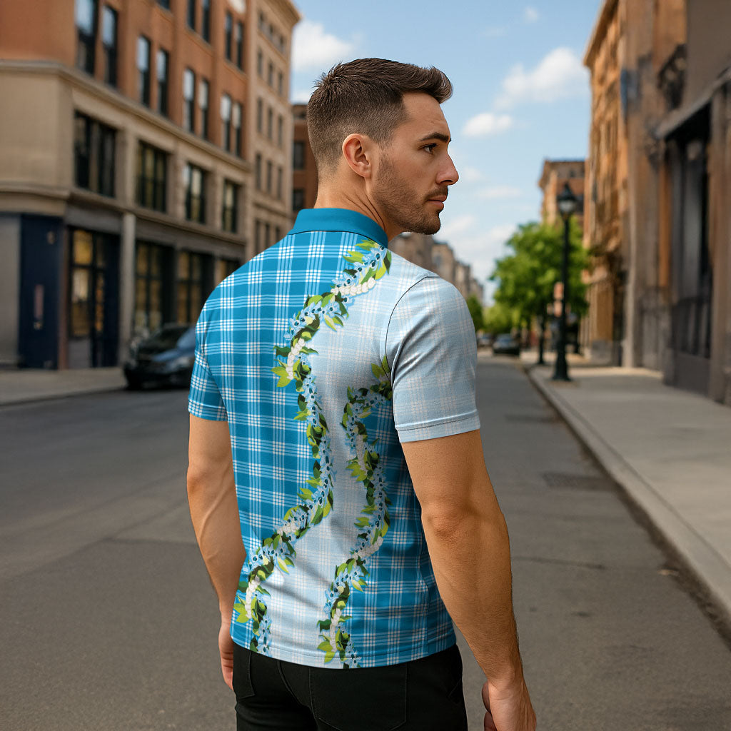 Blue Hawaii Palaka Zipper Polo Shirt Maile Pikake Honohono Orchid Lei