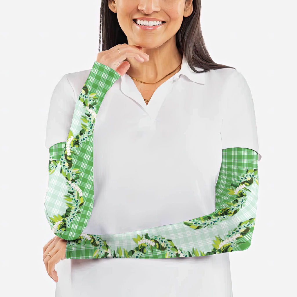 Green Hawaii Palaka Arm Sleeves Maile Pikake Honohono Orchid Lei