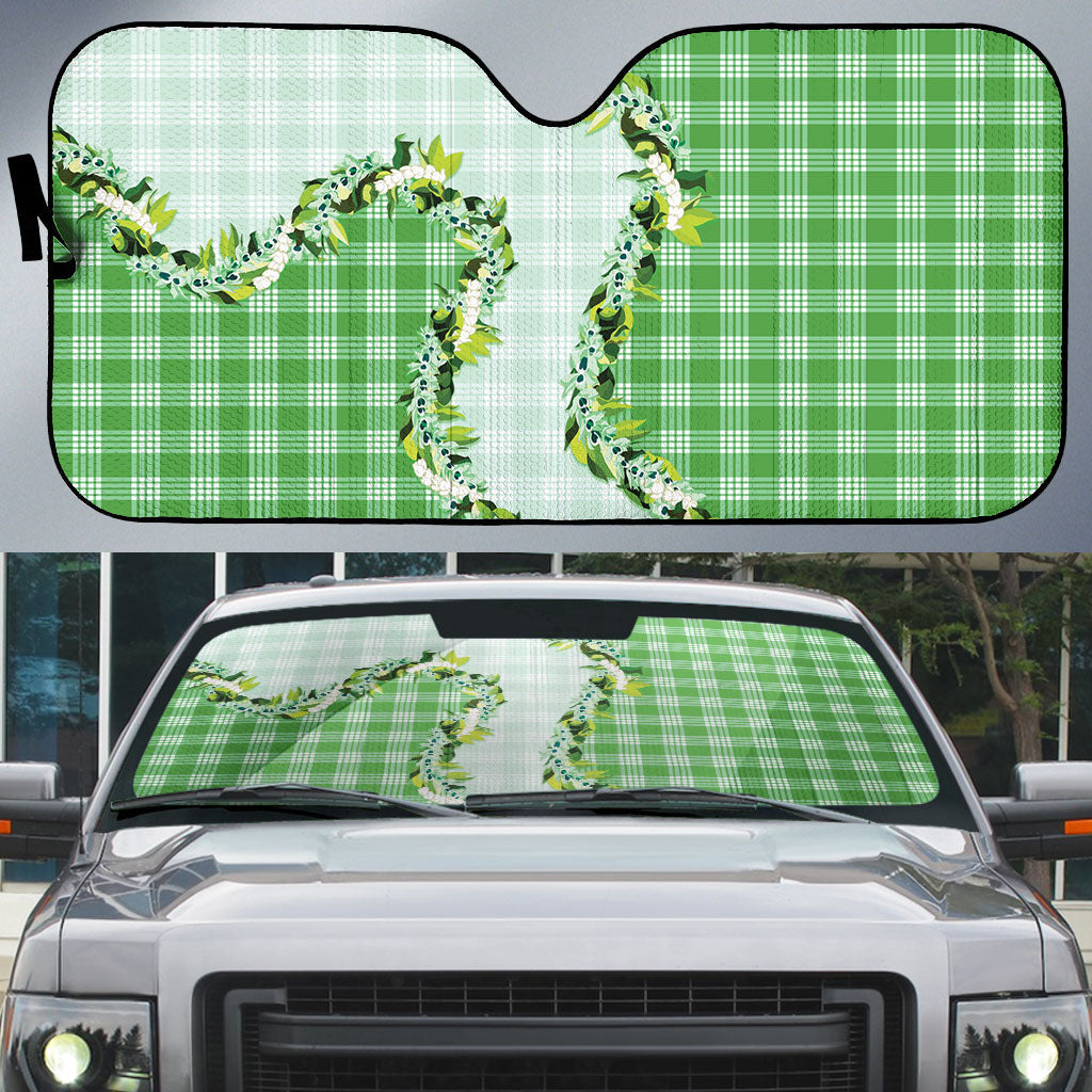 Green Hawaii Palaka Auto Sun Shade Maile Pikake Honohono Orchid Lei