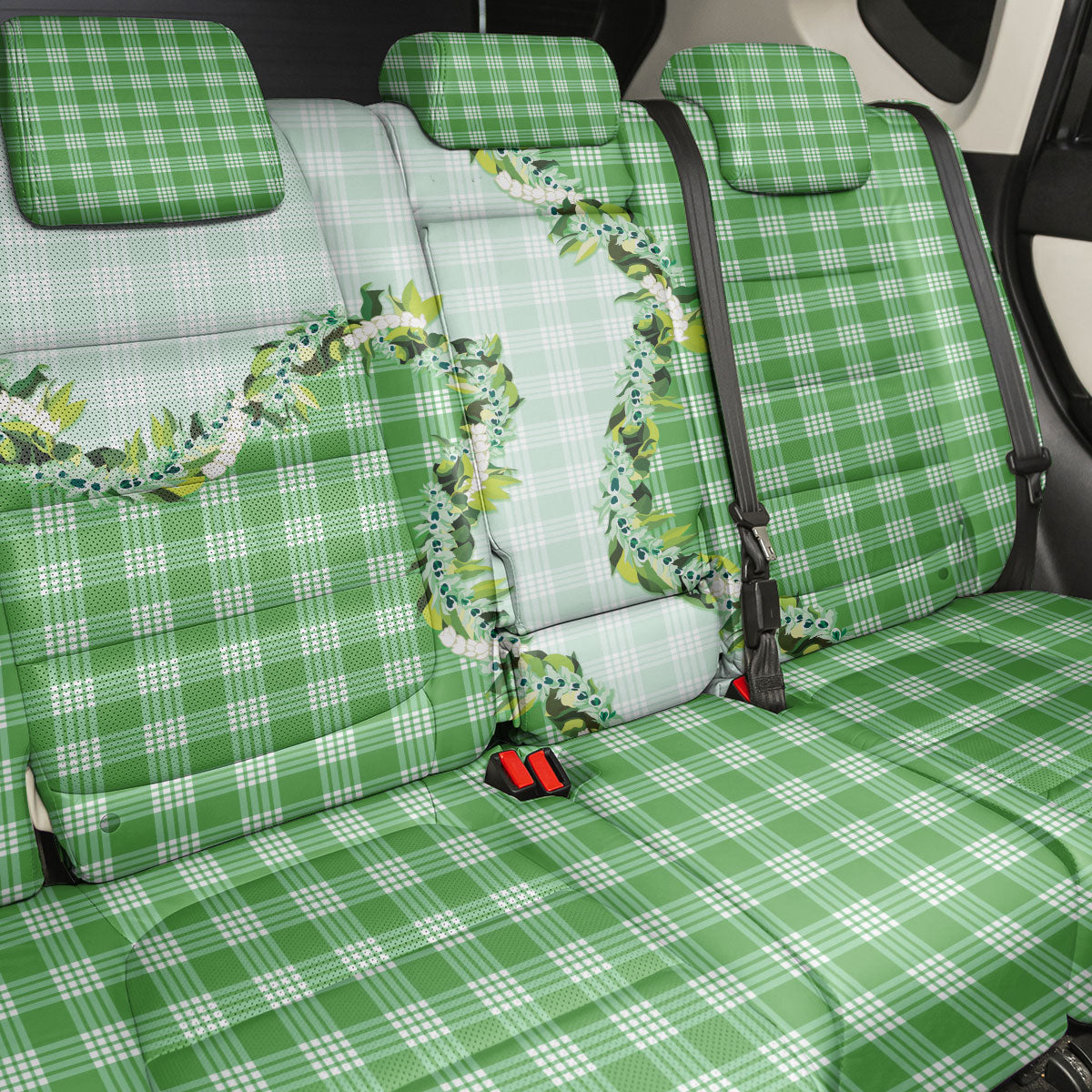 Green Hawaii Palaka Back Car Seat Cover Maile Pikake Honohono Orchid Lei