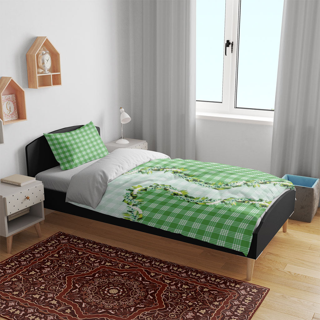 Green Hawaii Palaka Bedding Set Maile Pikake Honohono Orchid Lei