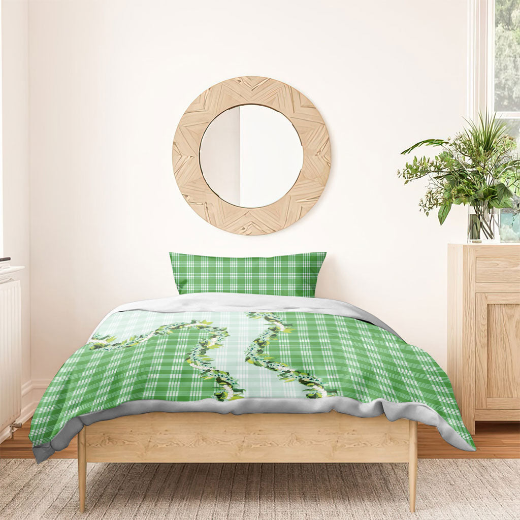 Green Hawaii Palaka Bedding Set Maile Pikake Honohono Orchid Lei