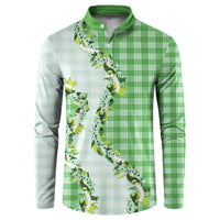 Green Hawaii Palaka Button Sweatshirt Maile Pikake Honohono Orchid Lei